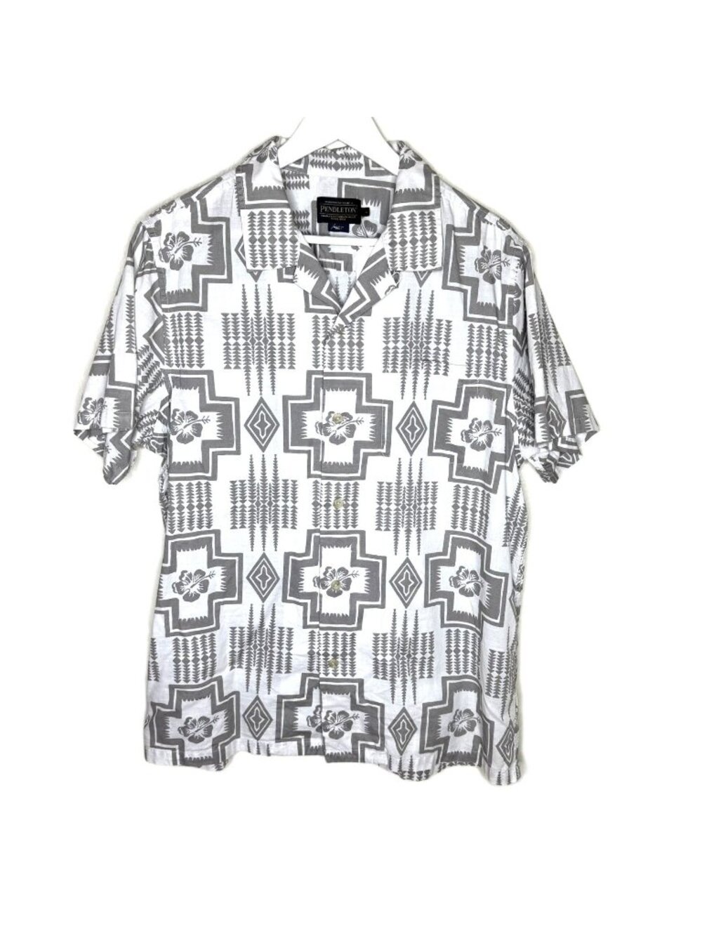 Pendleton Men's Gray & White Harding Print Aloha Camp Shirt, Size Large